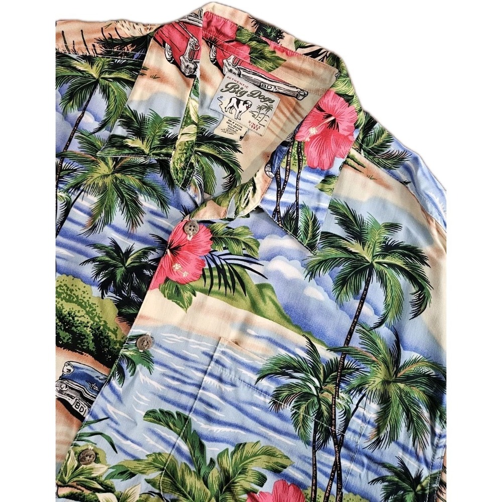 Vintage Big Dogs Hawaiian Shirt Palm Tree Hibiscus Ocean Size Large EXCELLENT